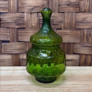 Vintage Green Italian Empoli Glass Apothecary Pedestal Lidded Jar